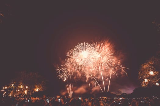 Group of people watching fireworks and using cellphones to record event. People capturing a fireworks shows with their mobile phone. Colorful fireworks celebration and the night sky background