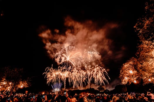 Group of people watching fireworks and using cellphones to record event. People capturing a fireworks shows with their mobile phone. Colorful fireworks celebration and the night sky background