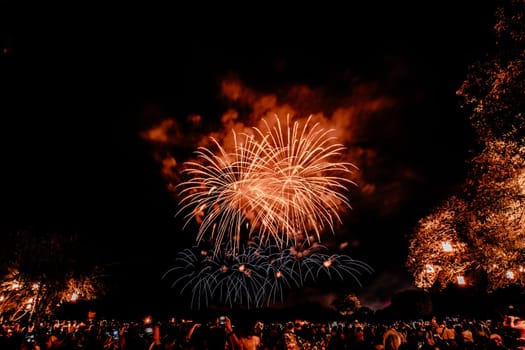 Group of people watching fireworks and using cellphones to record event. People capturing a fireworks shows with their mobile phone. Colorful fireworks celebration and the night sky background