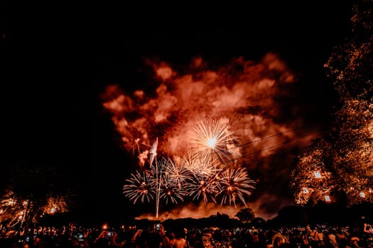 Group of people watching fireworks and using cellphones to record event. People capturing a fireworks shows with their mobile phone. Colorful fireworks celebration and the night sky background