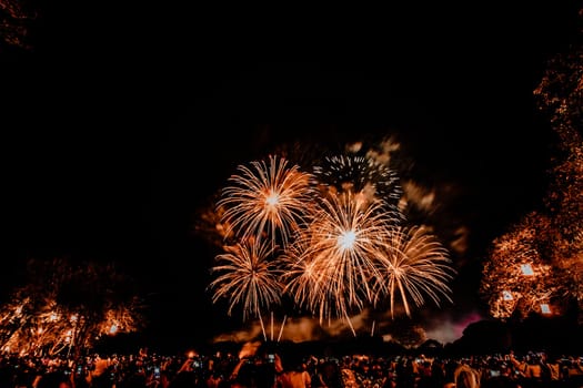 Group of people watching fireworks and using cellphones to record event. People capturing a fireworks shows with their mobile phone. Colorful fireworks celebration and the night sky background