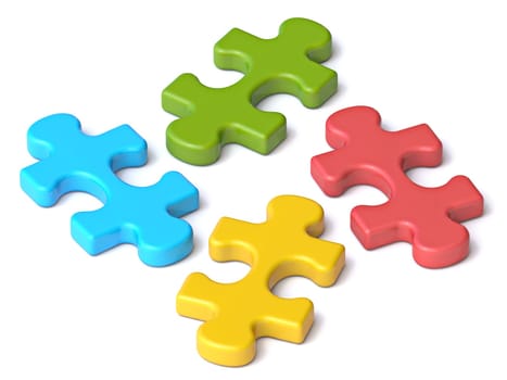 Four puzzle pieces separated.3D rendering illustration isolated on white background