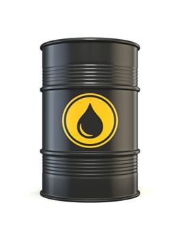 Black barrel with oil drop yellow sign 3D rendering illustration isolated on white background