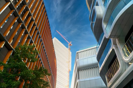 Modern architecture from skycraper in Frankfurt Hesse on a sunny day