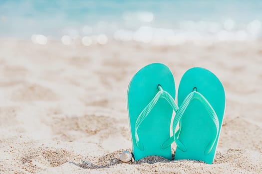 Turquoise or light blue flip flops or sandal shoe stuck in the sand on sandy beach by the sea coastline or ocean. Travel or vacation concept in hot countries in summer or winter. High quality photo