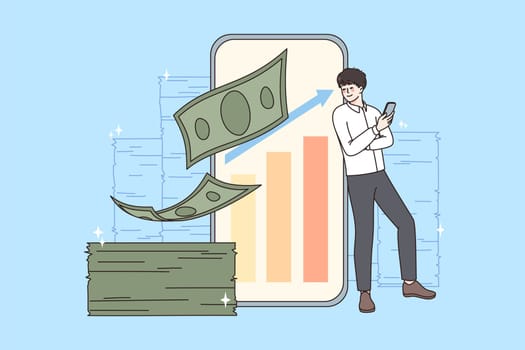 Happy successful young businessman stand near huge smartphone get dividend from investment on web stock exchange market. Smiling man receive passive profit or income trade on cellphone. Vector.