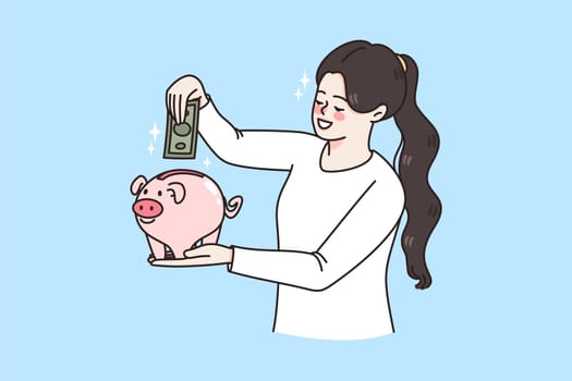 Happy economic young woman put banknote in piggybank save money for future. Smiling girl make currency cash financial investment think of budget. Finance planning concept. Flat vector illustration.