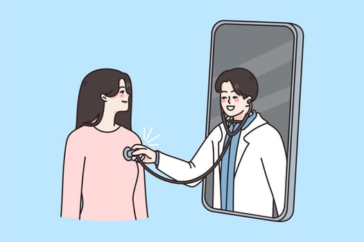 Happy young woman have online consultation on cellphone with male doctor. Man GP examine female patient on internet appointment on smartphone. Remote medicine service. Vector illustration.