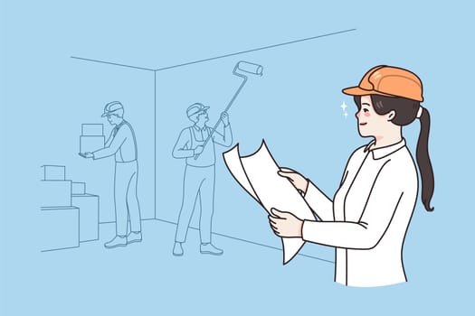 Woman architect with house plan control work on construction site. Female engineer or supervisor with paperwork manage workers team building object. Architecture concept. Vector illustration.