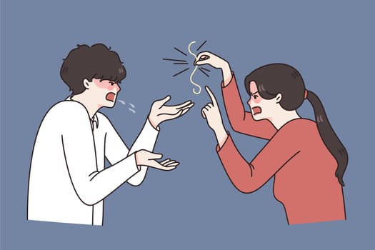Mad woman hold female hair argue fight with husband about cheating. Angry furious wife suspect man in love affair on side. Couple quarrel. Family separation or relation problem. Vector illustration.