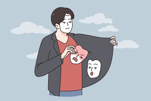 Young man hide true emotions under mask suffer from mood swing or mental bipolar disorder. Unhealthy guy struggle with psychological disease or depression. Psychiatry concept. Vector illustration.