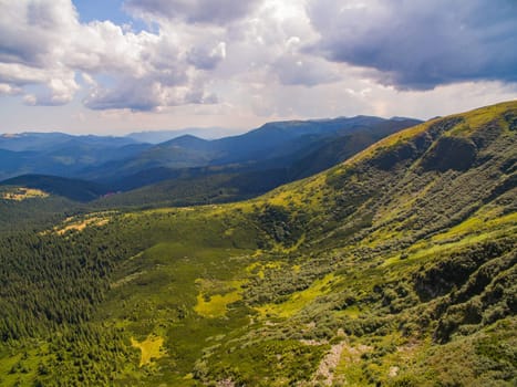 Aerial View of Great Green Ridge. Wooded Mountain Landscape