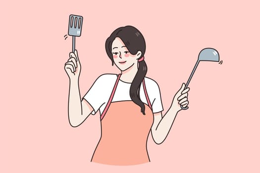 Happy young woman in apron hold domestic utensils cooking dinner or lunch at home. Smiling female cook or chef prepare tasty food or meal. Cuisine, housewife job concept. Vector illustration.