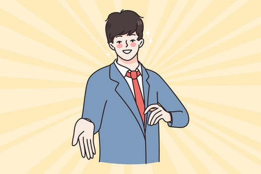 Smiling young businessman stretch hand for shake get acquainted greet with partner or client. Happy male employee shake hand close deal or make business agreement. Gesturing. Vector illustration.