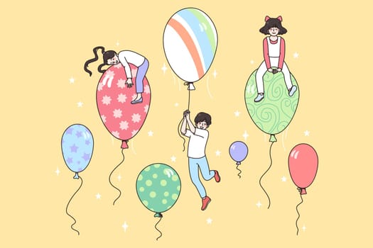 Happy small children fly on colorful balloons in sky enjoy carefree childhood. Smiling little kids boys and girls on bubbles. Concept of childcare happiness. Vector illustration, cartoon character.