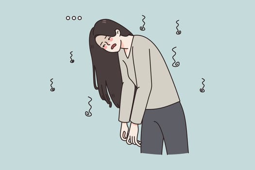 Tired young woman stressed overwhelmed with office work or studying. Exhausted girl feel fatigue or burnout, need sleep and relaxation. Overwork, workload concept. Flat vector illustration.