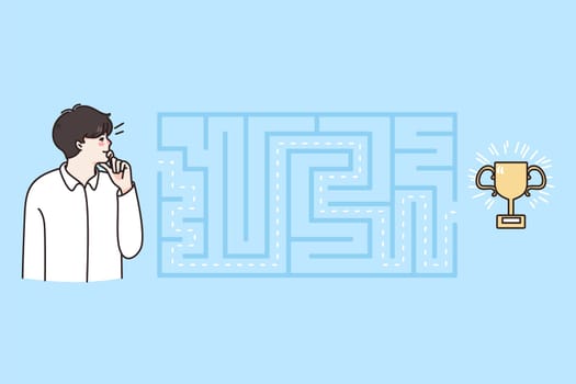Pensive businessman look at maze search for solution to win prize or award. Man employee brainstorm engaged in creative thinking for goal or ail achievement or success. Flat vector illustration.