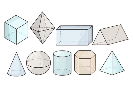 Collection of 3d geometric figures for math school study class or session. Set of regular shapes and forms, circle, triangular and rectangular. Mathematics and science concept. Vector illustration.