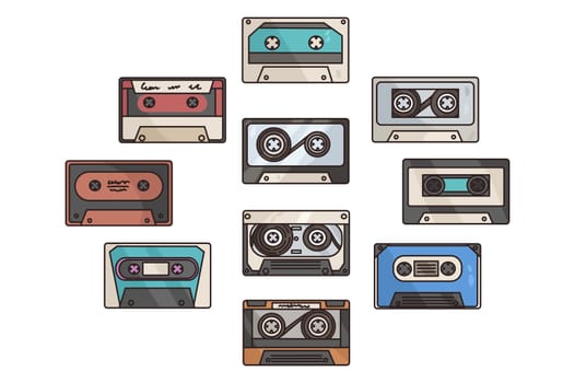 Set of colorful retro music cassettes. Collection of various plastic old-fashioned music tapes. Old technology and sound. 90s audiocassette for stereo analogue player. Flat vector illustration.