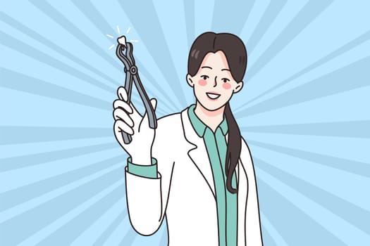 Smiling young woman dentist pull out tooth offer good quality medical service in clinic. Happy female dental doctor recommend taking care of teeth and oral care. Dentistry. Vector illustration.