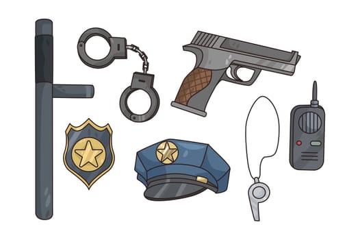 Set of police kit or equipment for catching criminals. Colorful collection of policeman or security tools. Gun, badge and handcuffs for officer. Flat vector illustration.