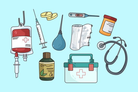 Collection of emergency medical tools for patient or victim. Set of ambulance medicine equipment, medication and drugs in hospital or clinic. Healthcare concept. Flat vector illustration.