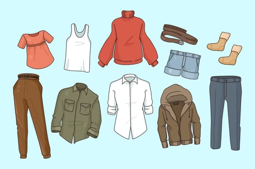 Collection of various men and women clothing pieces. Set of different garment and wear for male and female. Style and fashion. Clothes and accessories. Sale and discount. Vector illustration.