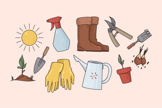 Set of various gardening tools for work on farm or field. Collection of different colorful items for gardener or farmer. Hobby concept. Agriculture and gardening. Vector illustration, cartoon.