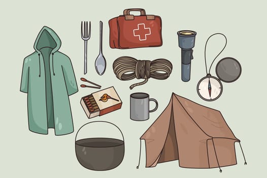 Colorful set of elements and garment for camping or hiking. Collection of equipment or tools for tourist trekking or survival in wild. Travel and outdoor vacation concept. Flat vector illustration.