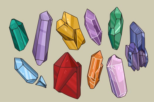 Colorful collection of various natural stones. Set of different size and shape precious gemstones. Minerals and crystals isolated. Semi-precious gems. Flat vector illustration.