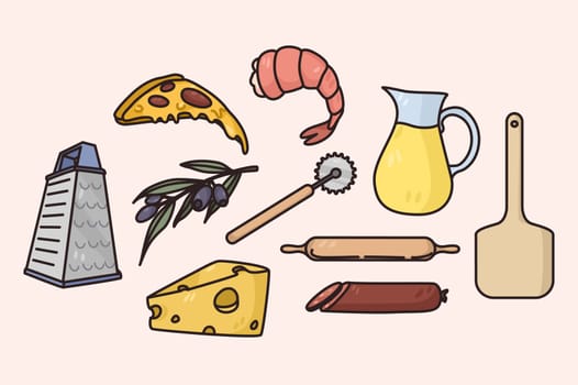 Set of diverse Italian cuisine ingredients for pizza or pasta. Collection of traditional food meal products of Italy origin. Olives, cheese and shrimps. Tools and equipment. Vector illustration.