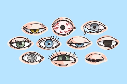 Set of different eyes disease. Collection of icons of various eyesight sickness or illness. Ophthalmology care. Sight problem. Medicine and healthcare. Vector illustration.