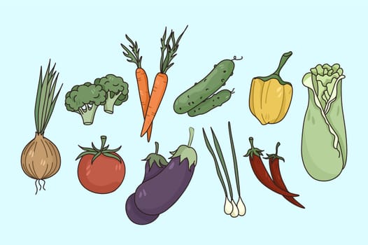 Set of diverse fresh vegetables isolated on light background. Collection of natural organic bio veggies for open market or supermarket ad. Nutrition and diet, clean eating. Vector illustration.