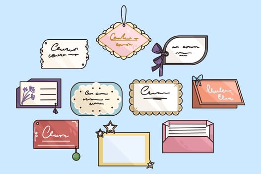 Colorful collection of various postcards for happy birthday or anniversary greeting. Set of different cards congratulating with special occasion or event. Celebration concept. Vector illustration.