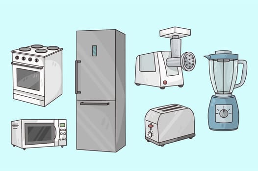 Set of kitchen appliances. Collection of electronic household technique items. Fridge, toaster and microwave for cooking at home. Good quality electronics for everyday use. Flat vector illustration.