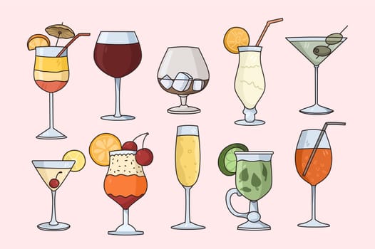 Vector set of cocktails in glasses served at bar. Classic alcoholic beverages isolated on white background. Restaurant of club menu. Alcohol and soft drinks concept. Flat illustration, cartoon.