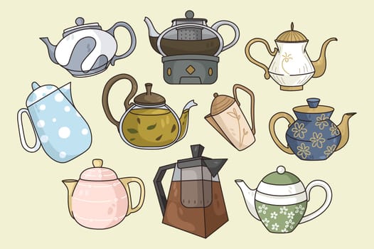 Colorful collection of various teapots for tea ceremony. Set of different kitchen utensils or kettles for hot beverage. Household appliances or kitchenware. Flat vector illustration.