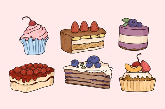 Collection of tasty sweet desserts with fruits and filling. Set of delicious cakes and pastries. Cupcakes and muffins menu for restaurant or bakery. Confectionary shop. Flat vector illustration.