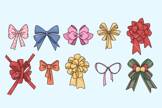 Beautiful colorful various bows collection isolated on blue background. Different colored holiday gifts decorated ribbons for New Year or Christmas set. Xmas decor for presents. Vector illustration.
