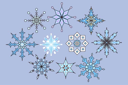 Collection of different size snowflakes. New Year or Christmas celebration. Set of flakes of snow for winter holidays or merry xmas. Cold frozen snowy vacation. Flat vector illustration.