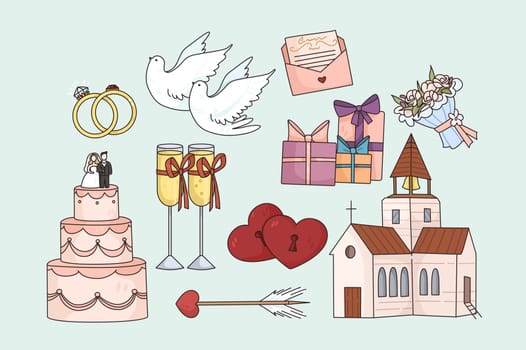 Colorful collection of marriage or engagement special event. Set of wedding icons or items. Celebrate getting married or engaged. Bid day for couple. Flat vector illustration.