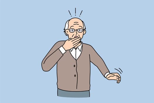 Getting virus and coughing concept. Mature elderly aged man standing covering mouth with hand coughing or getting surprised vector illustration