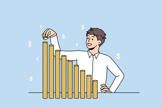 Financial success and development concept. Young smiling businessman standing putting coins upper and upper in stacks feeling positive dynamics vector illustration
