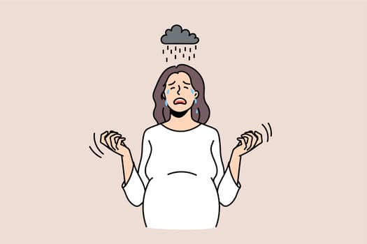 Hormones and pregnancy influence concept. Young pregnant woman standing crying feeling like raining depression and unhappiness crisis vector illustration