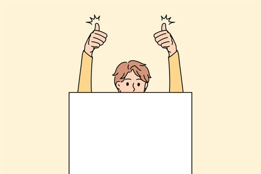 Copy space and thumbs up concept. Smiling man standing holding huge white copy space blank sign in hands for marketing advertisement and showing thumbs up sign vector illustration