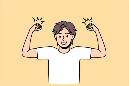 Strength and showing power concept. Smiling positive boy wearing white t-shirt standing and showing strong sport biceps feeling cheerful vector illustration