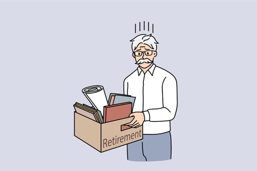 Getting retired at work concept. Sad mature man standing with belongings box and retirement lettering feeling frustrated and stressed vector illustration