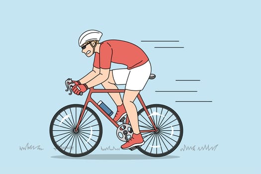 Racing cyclist and speed concept. Young man racing cyclist wearing sportswear and helmet making trip outdoors during summer vector illustration