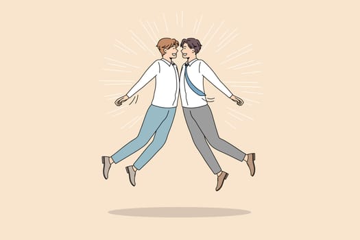 Teamwork collaboration and success concept. Two men colleagues jumping towards each other bumping with bellies celebrating business development vector illustration