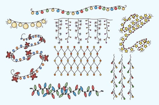 Colorful collection of various light garlands for New Year interior decoration. Set of lighting wreath for Christmas house or fir-tree decor. Winter holiday season. Flat vector illustration.